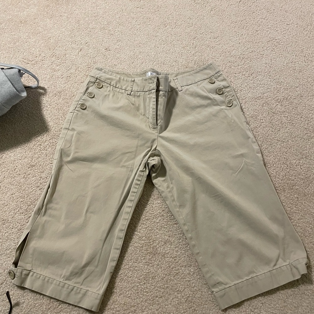 Beige Button-Detail Capri Pants